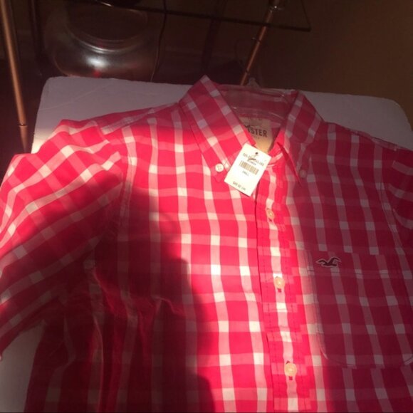 Hollister NEW Cotton Gingham Check Button Shirt Top Blouse Pink Long Sleeves S - Picture 9 of 14